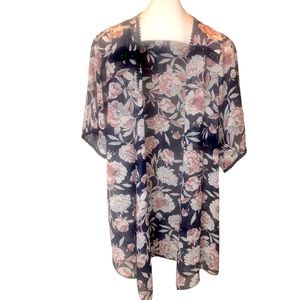 EMORY PARK navy blue w/mauve/white flowers open front duster Stitch Fix size M